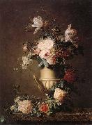 A Still life of various flowers in a sculpted urn,resting on a marble-topped table, unknow artist